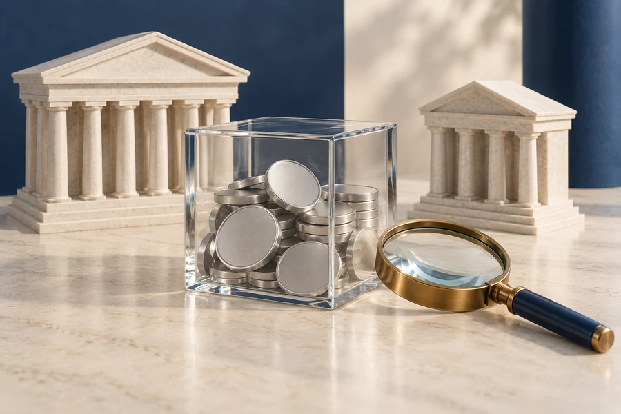 A glass cube of silver discs beside a brass magnifying glass and two pale institutional building models.