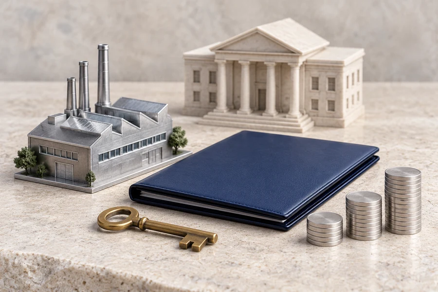 A silver factory model, navy folder, brass key and silver discs in front of a pale bank model.
