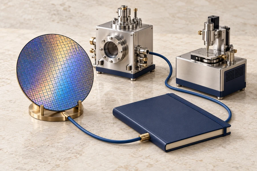 Ein Siliziumwafer neben zwei silbernen Labormodellen und einem dunkelblauen Notizbuch mit blauem Kabel.