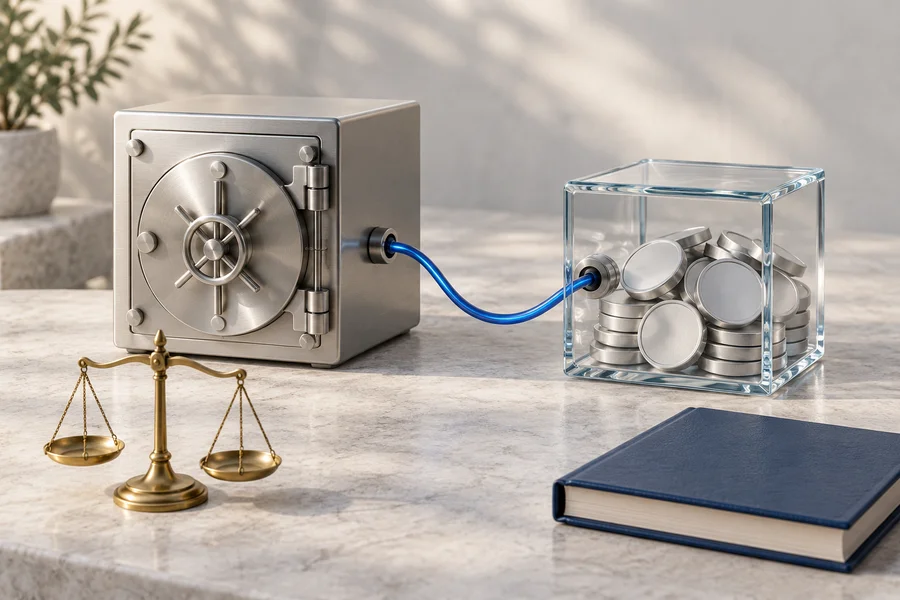 A silver vault linked by a blue cable to a glass cube with silver discs, beside a brass scale and navy book.