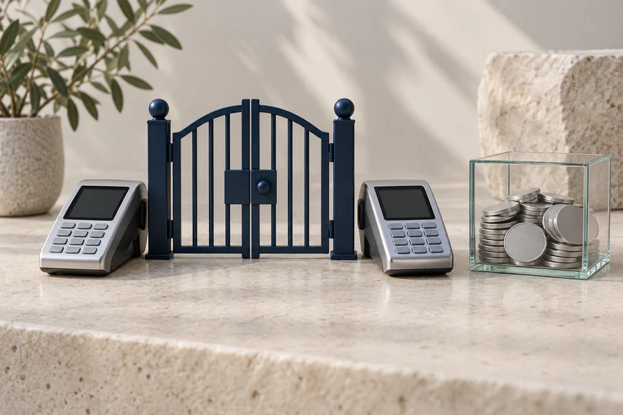 Two silver payment terminals beside a closed navy gate and a glass box of plain silver discs.