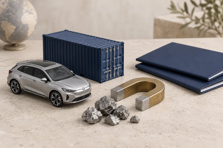A silver model car, navy shipping container, brass magnet, metallic rocks and two navy folders on a stone tabletop.