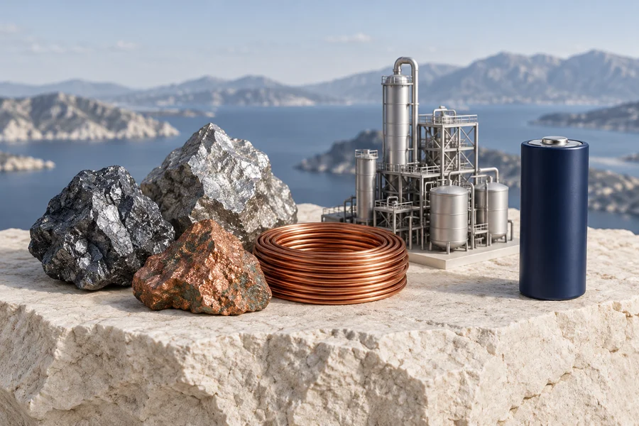 Rocas minerales, alambre de cobre, una maqueta plateada de una planta de procesamiento y una batería azul marino sobre piedra, con montañas y agua al fondo.