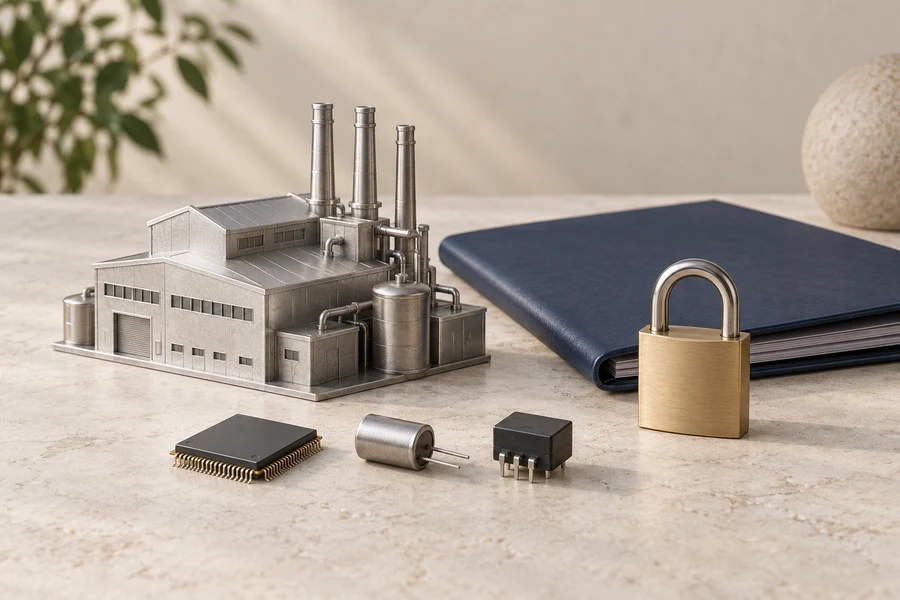 A silver factory model, three electronic components, a navy folder and a brass padlock on pale stone.
