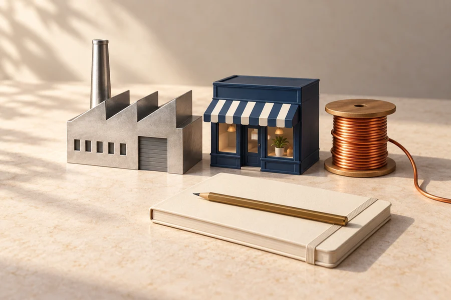 A silver factory model and navy shop beside a copper cable spool and cream notebook with a brass pencil.