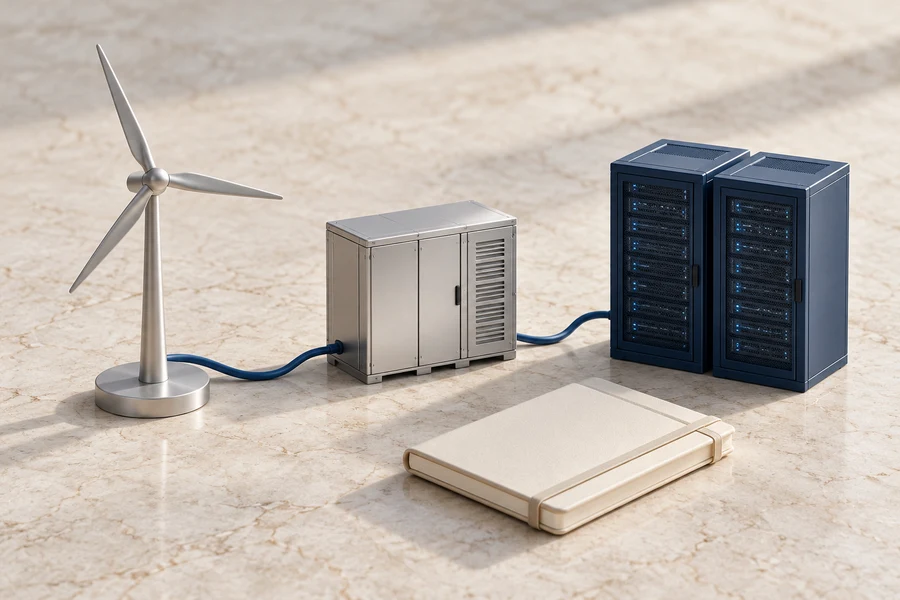 Zwei dunkelblaue Servermodelle, eine silberne Windturbine und ein Batterieschrank neben einem cremefarbenen Notizbuch.