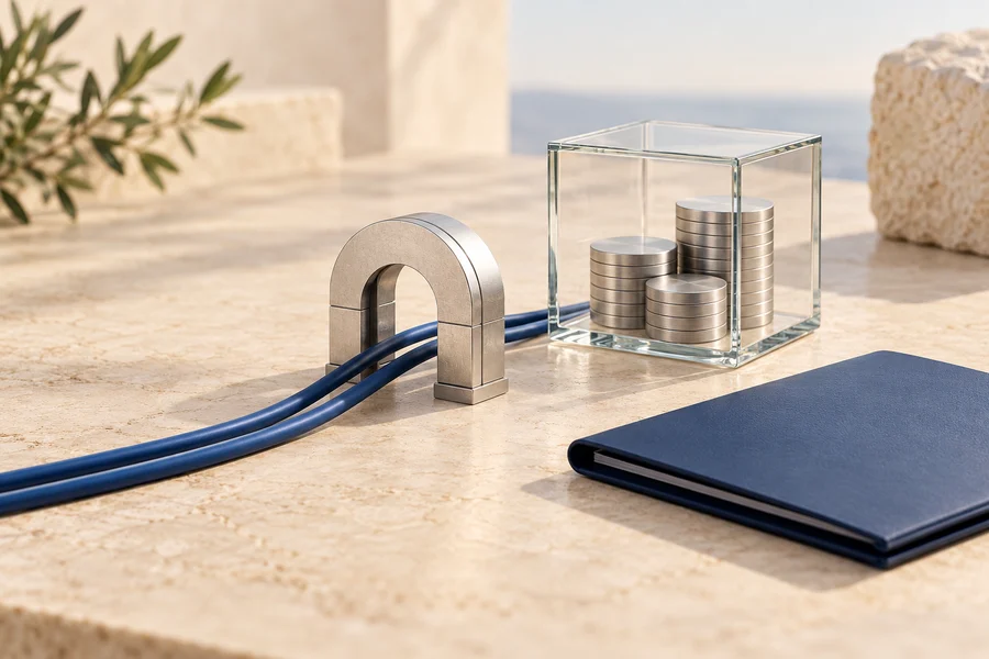 Two blue cables pass through a silver gateway beside a glass cube of silver discs and a navy folder.