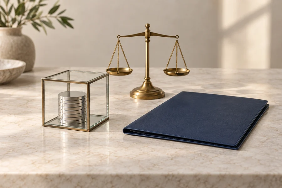 Plain silver discs in a glass box beside a brass balance scale and a closed navy folder.