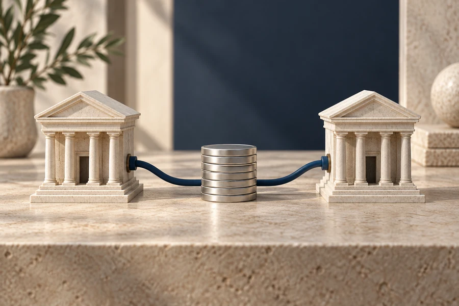 Two pale stone bank models connected by a blue cable, with a stack of plain silver discs between them.