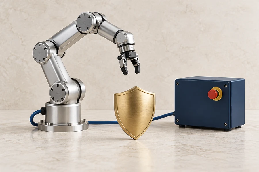 A silver robot arm connected by a blue cable to a navy control box, with a brass shield in front.