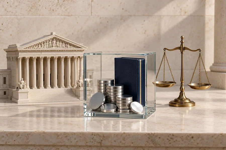 A pale parliament model beside a glass cube with silver discs and a navy ledger, and a brass scale.