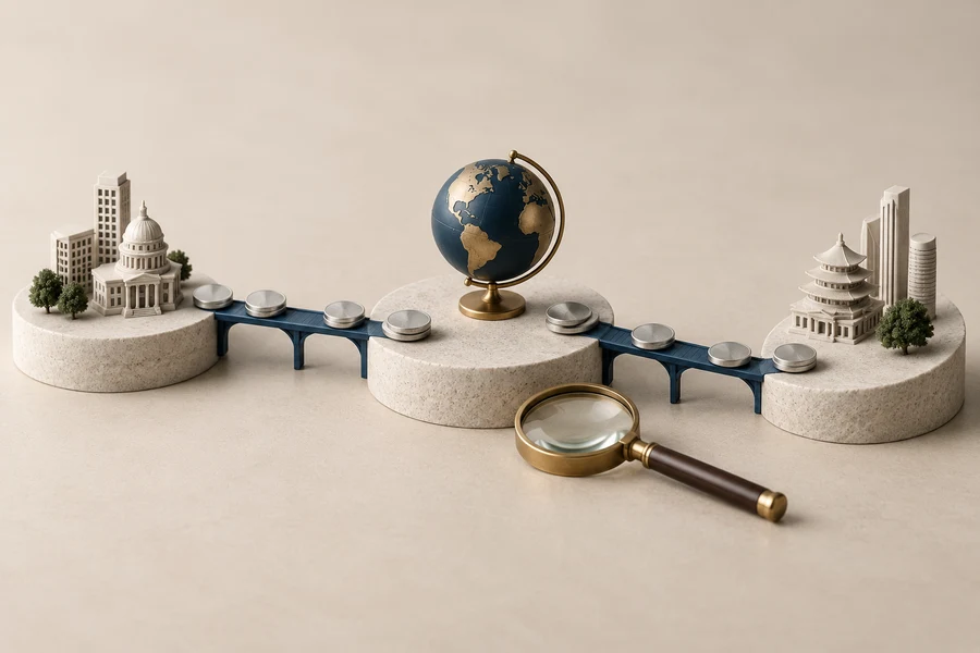 Silver discs on blue bridges connect stone platforms with miniature buildings and a globe, beside a brass magnifying glass.