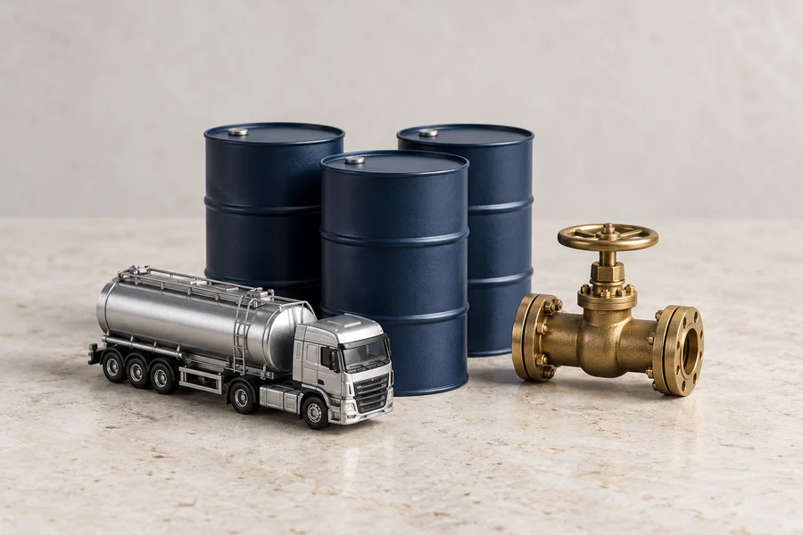 Three navy oil drums beside a silver model tanker truck and a brass pipeline valve on a pale stone surface.