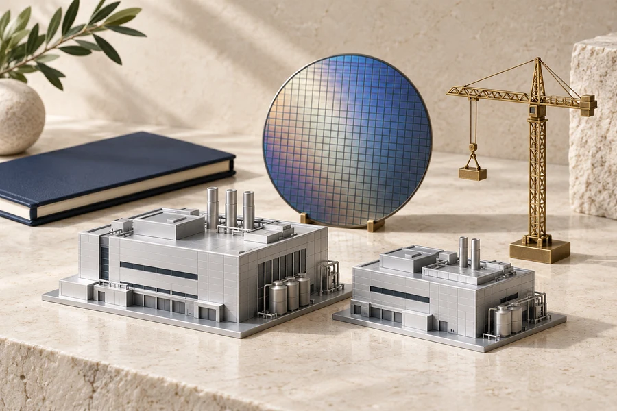 Zwei silberne Fabrikmodelle neben einem Siliziumwafer, einem Messingkran und einem dunkelblauen Notizbuch.