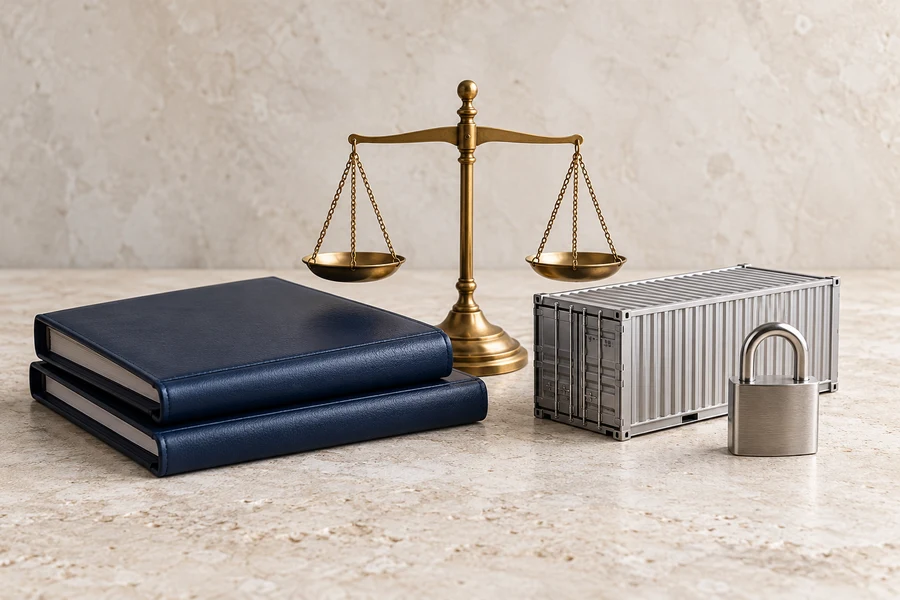 Two navy folders, a brass balance scale, a silver container and a padlock on pale stone.