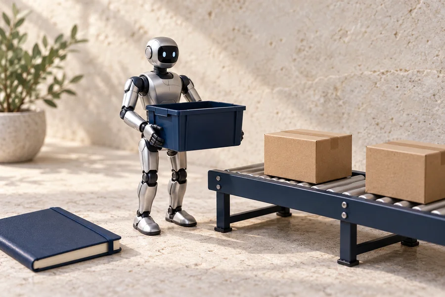 A silver humanoid robot model holds a blue tote beside a conveyor with cardboard boxes and a blue notebook.