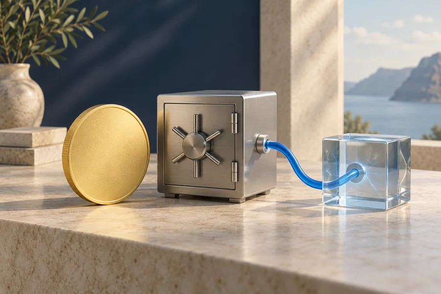 A plain gold coin beside a silver vault connected by a blue cable to a glass cube.