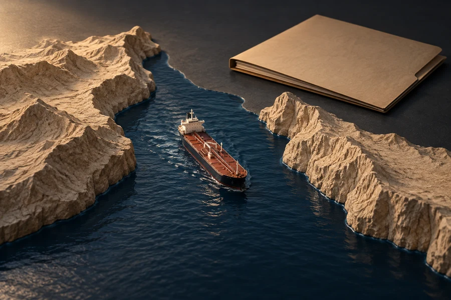 A miniature oil tanker in a dark blue channel between stone landforms, beside a closed plain folder.