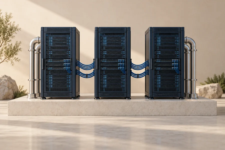 Three dark server racks linked by blue cables and silver cooling pipes on a stone platform.