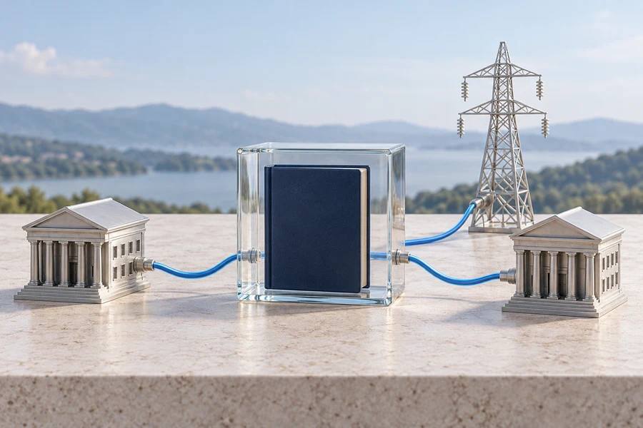 Zwei silberne Bankmodelle und ein Strommast, über blaue Kabel mit einem Glaswürfel mit dunkelblauem Buch verbunden.