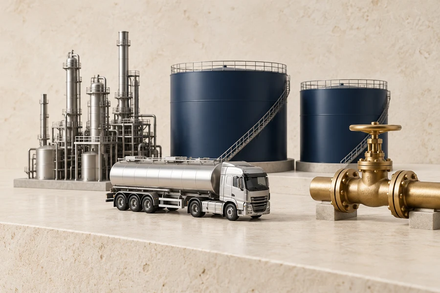 A silver refinery and tanker truck beside two navy storage tanks and a brass valve.