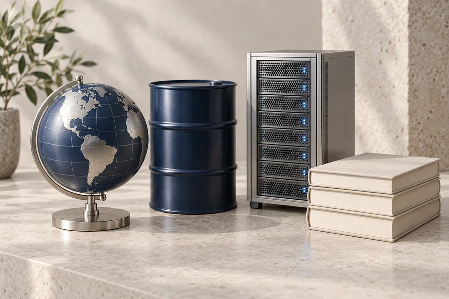 A navy and silver globe, navy oil barrel, silver server cabinet and three blank cream books on a stone tabletop.
