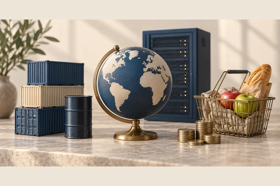A globe beside shipping containers, an oil barrel, a server cabinet and a grocery basket with coins.