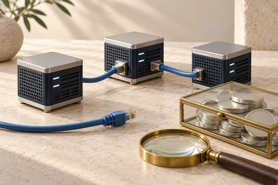 Three navy and silver server blocks with blue cables, an unplugged cable, a glass box of silver discs and a brass magnifying glass.