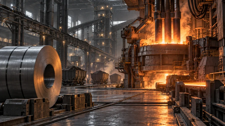 Glowing electric-arc steel furnace beside a finished steel coil in a vast modern mill.