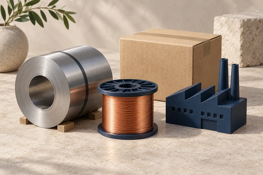 A steel coil, copper wire spool, dark blue factory model and cardboard box on a pale tabletop.
