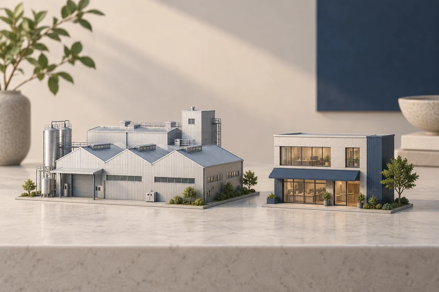 Scale models of a silver factory and a shop with an upstairs office on a pale tabletop.
