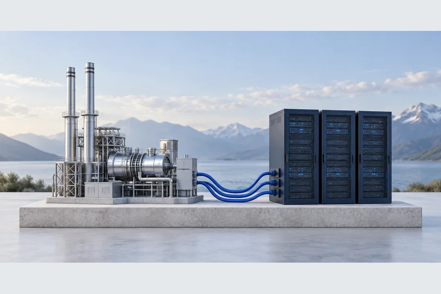 A silver model power plant connected by blue cables to three dark server racks on a stone platform.