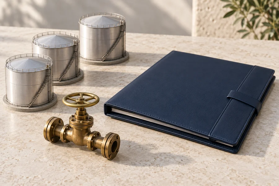 Three silver storage-tank models beside a closed navy folder and a brass pipe valve.