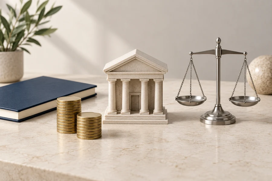 A stone bank model beside brass coin stacks, a navy notebook and a silver balance scale.