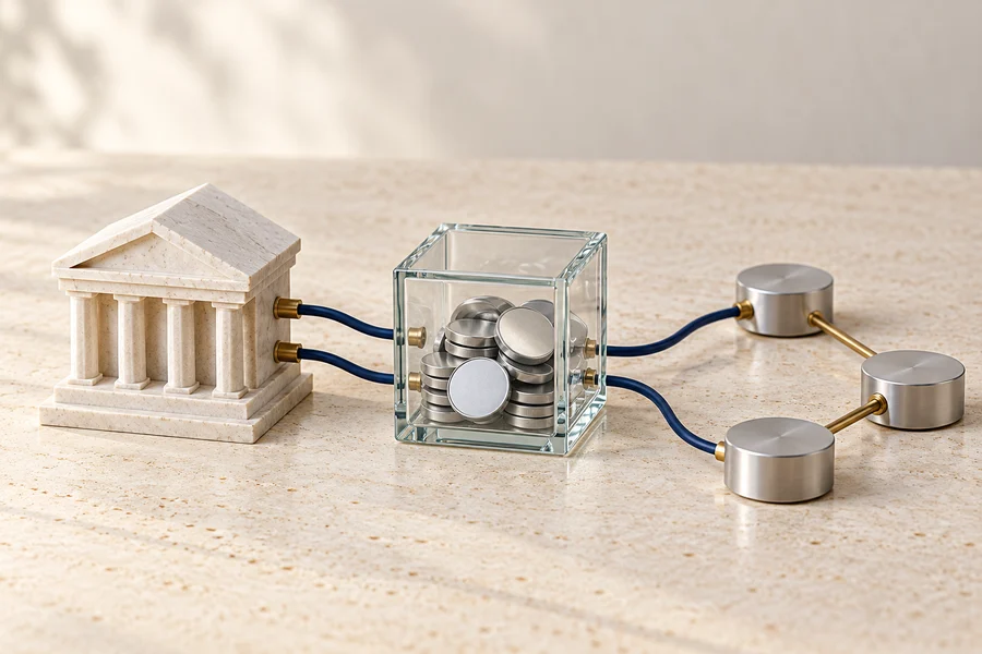 A pale bank model connected to a glass cube of silver discs and three silver network nodes.