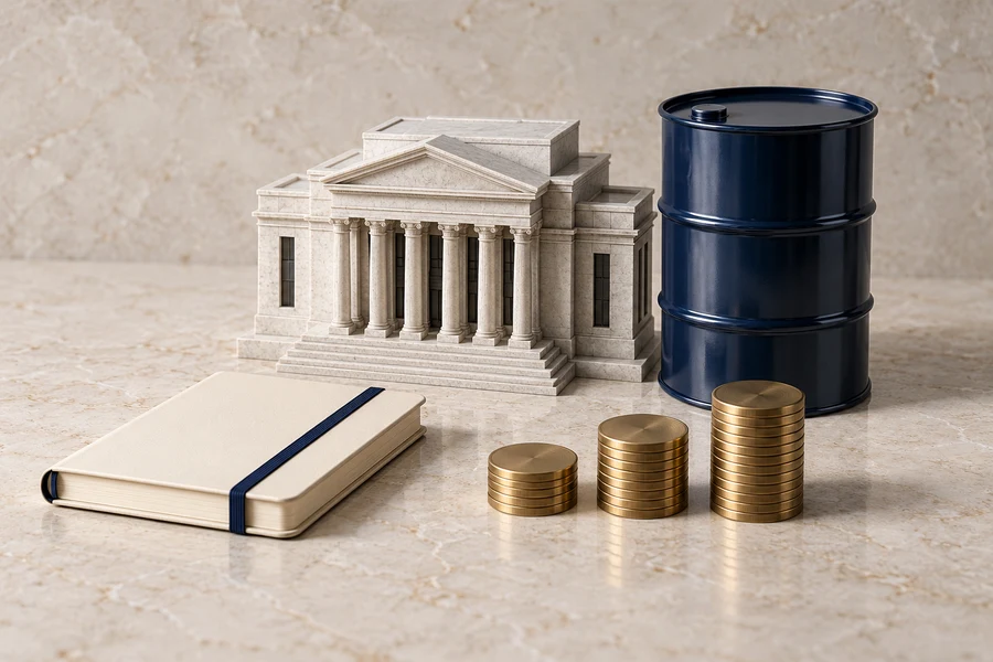 A stone bank model beside a navy oil barrel, cream notebook and brass coin stacks.