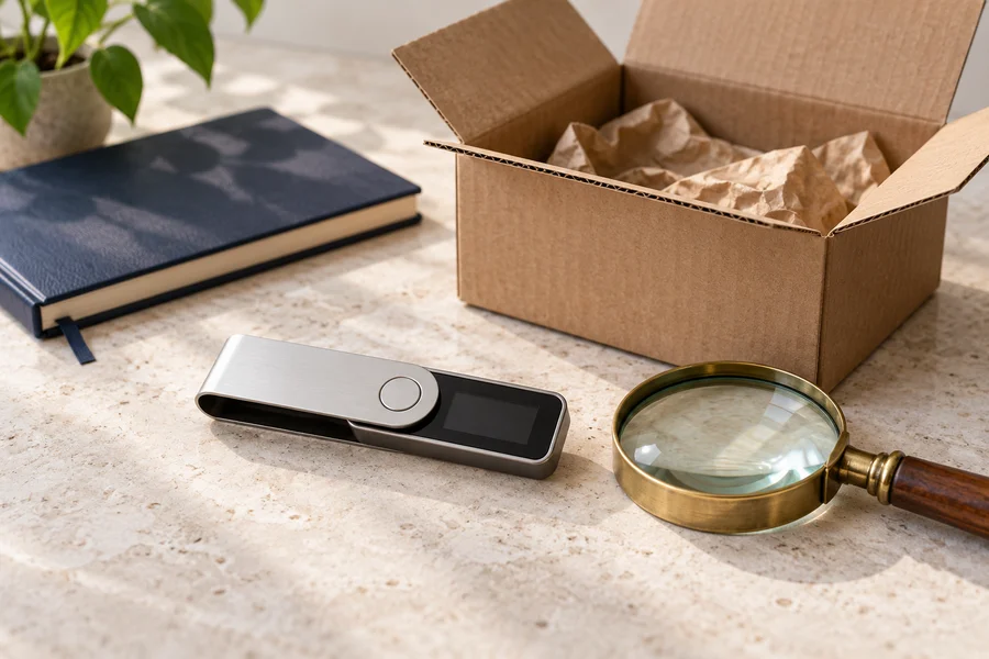 An unbranded silver security device beside an open cardboard box, brass magnifying glass and navy notebook on a stone surface.