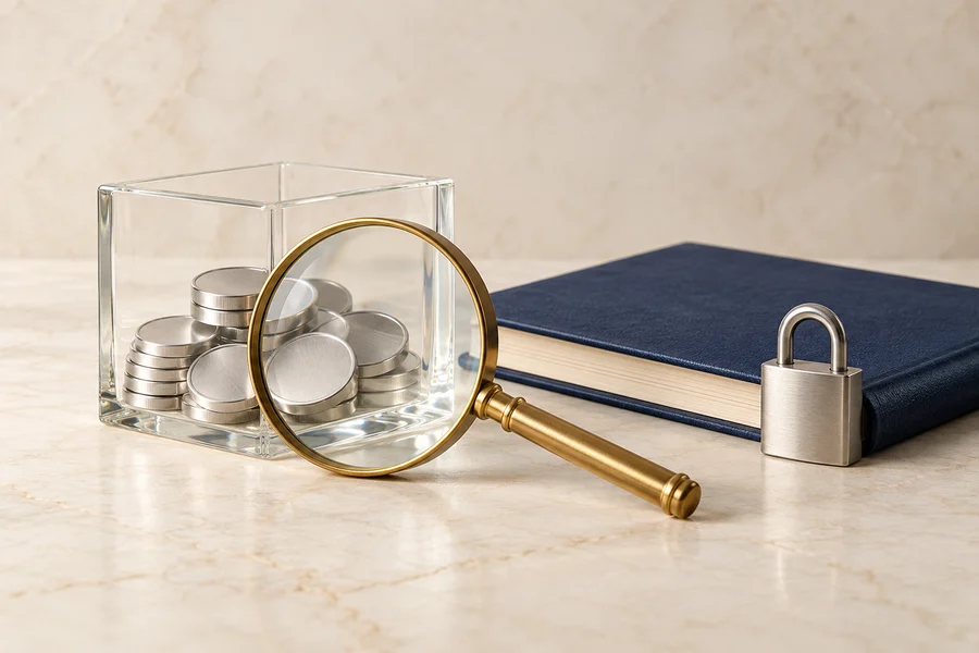 A glass cube of silver discs beside a brass magnifying glass, navy book and silver padlock.