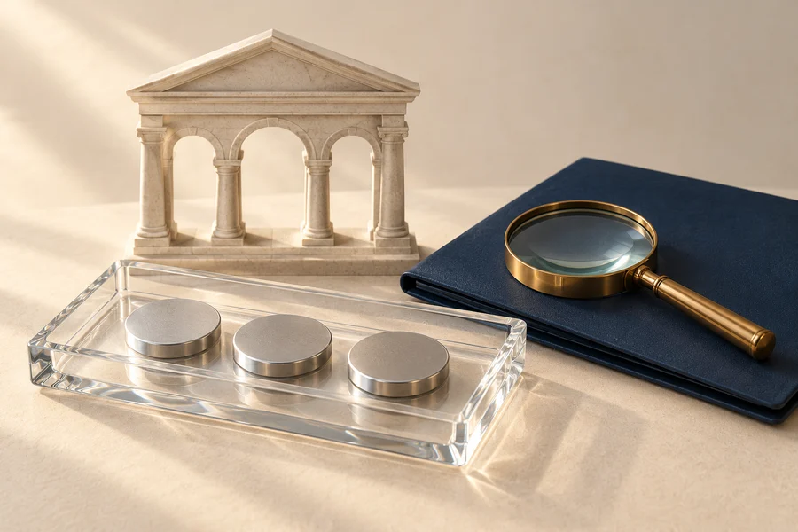 A pale stone arch behind three silver discs in a glass tray, beside a brass magnifying glass on a navy folder.