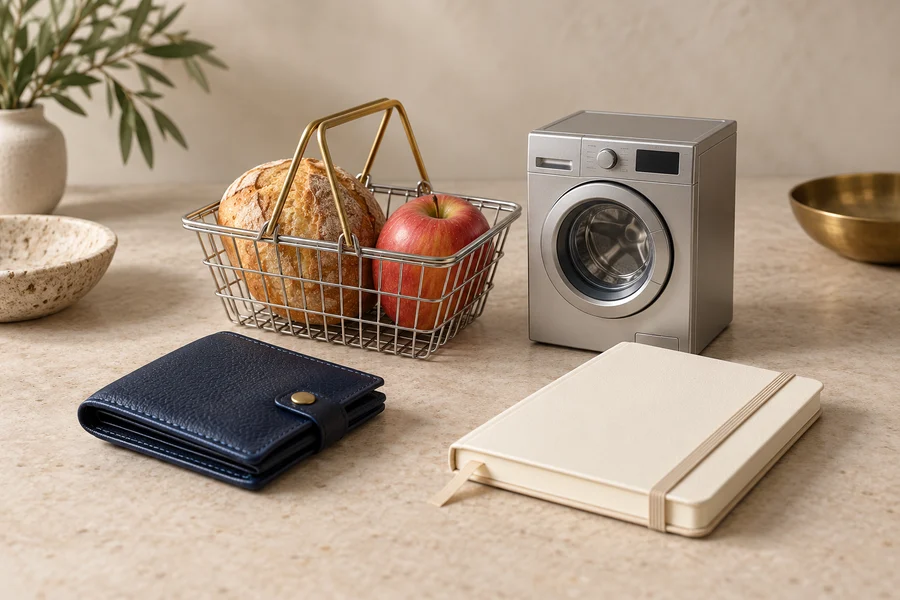 A basket with bread and an apple beside a navy wallet, miniature washing machine and closed cream notebook.