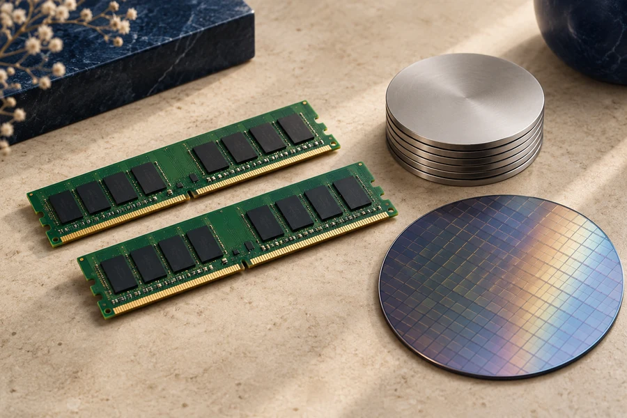 Two green memory modules beside stacked silver discs and a round silicon wafer on a stone surface.