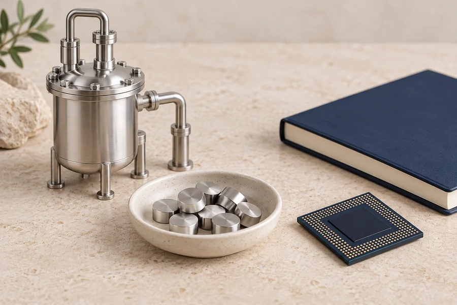 A silver processing-vessel model beside metal pellets in a ceramic dish, a dark chip and a navy notebook.