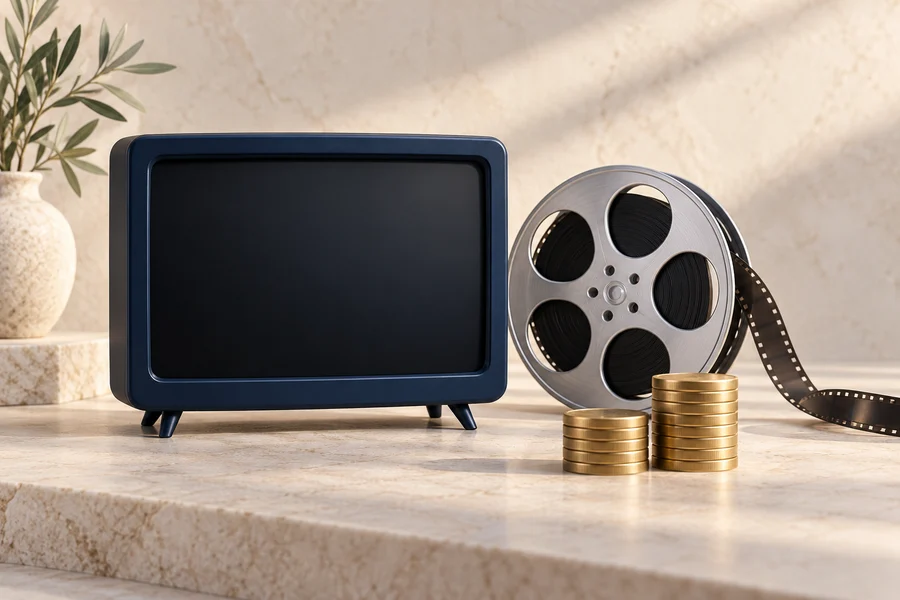 Un televisor azul marino con una pantalla en blanco junto a una bobina de película plateada y dos pilas de discos de latón.