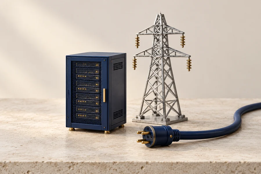 A navy server cabinet beside a silver pylon model and a disconnected blue power cable on pale stone.