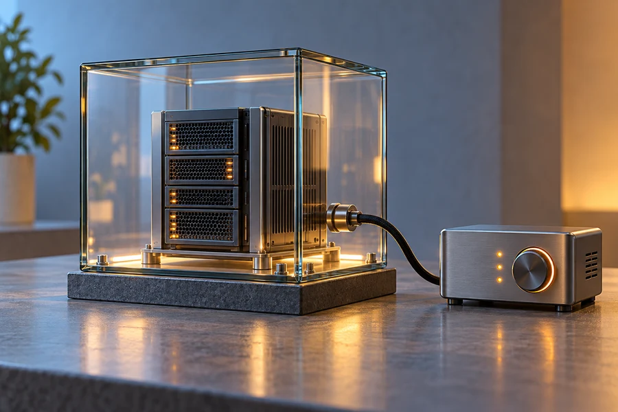 A small server module inside a transparent glass enclosure, connected by a cable to a separate metal monitoring unit.