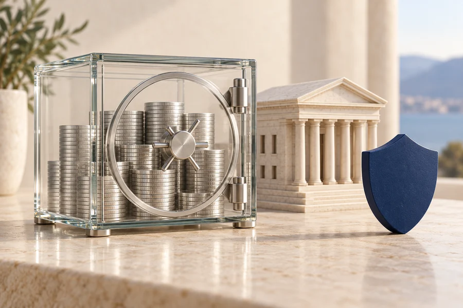 A glass vault of silver discs beside a pale institutional building model and a navy shield.