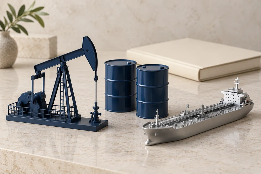 A navy pumpjack model beside two dark oil barrels, a silver tanker model and a closed cream book.