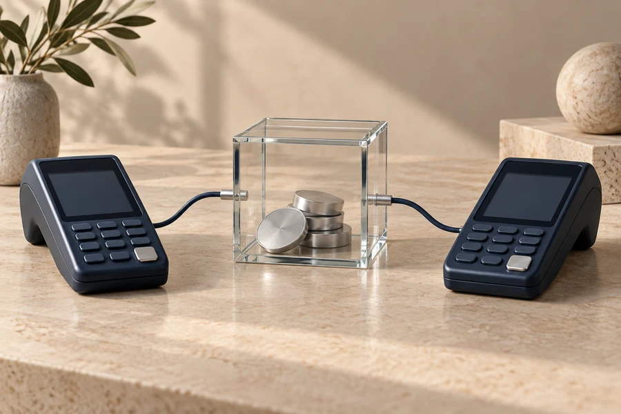 Two dark payment terminals connected by cables to a glass cube containing plain silver discs.