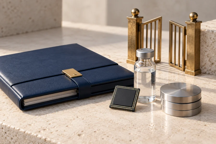 A navy folder, dark microchip, clear vial and stack of silver discs beside a brass gate.