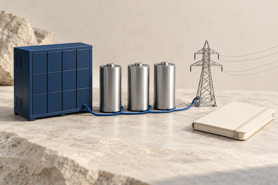 A navy battery cabinet, three silver cylinders and a pylon linked by blue cable, beside a cream notebook.